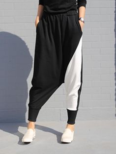 Contrast Color Splicing Harem Pants Style Harem Pants, Black Harem Pants, Sleeveless Short Dress, Long Shirt Dress, Fashion Seasons, Pants Color, Long Shirt, Trendy Tops, Black Sleeveless