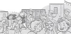 a black and white drawing of people standing in front of lockers