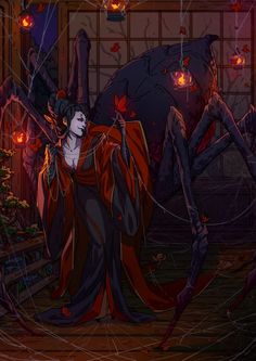 a woman dressed in red and black standing next to a giant spider