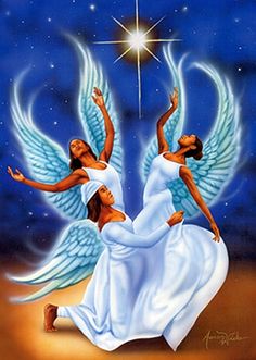 two angels in white dresses are flying through the sky