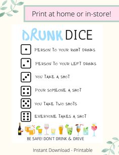 the printable game for drunk dice