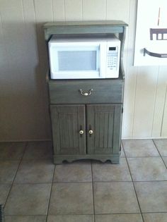 a microwave oven sitting on top of a cabinet