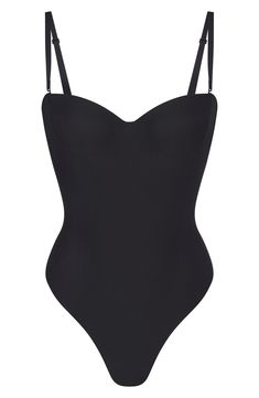 Molded underwire cups lend endless support to this shaper bodysuit that has removable, adjustable straps for a customizable look from Kim Kardashian's SKIMS. Cotton-lined gusset Removable, adjustable straps 61% polyamide, 39% elastane Hand wash, line dry Imported Shaper Bodysuit, Black Body Suit, Shapewear Tops, Body Shapewear, Shapewear Bodysuit, Best Lingerie, Cute Heels, Birthday Board, Dress Clothes