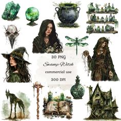 Witchy Clipart, Witch Watercolor, Swamp Witch, Witch Aesthetic, Aesthetic Stickers, Watercolor Clipart, Google Drive, Drawing And Illustration, Digital Paper