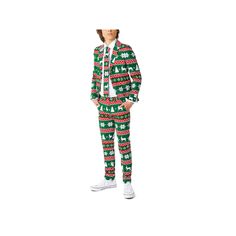 One look at this suit and you know Christmas is here! Many depictions and a Santa with sunglasses? He'll love this fun holiday suit from OppoSuits. One look at this suit and you know Christmas is here! Many depictions and a Santa with sunglasses? He'll love this fun holiday suit from OppoSuits. 3-piece set includes: jacket, pants & tie Jacket: button front, long sleeves, functional pocket Pants: elastic waistband with button & zipper closureFABRIC & CARE Polyester Machine wash Imported Size: 4. Holiday Suits, Shoes Guide, Green Suit, How To Show Love, Festive Holiday, Suit Set, Pocket Pants, Christmas Is, Green Jacket