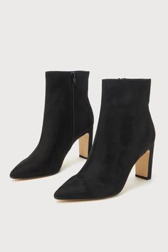 Feel like you're strutting down the catwalk in the Chinese Laundry Erin Black Suede Pointed-Toe Ankle Booties! Soft faux suede shape these chic booties that have a pointed-toe and an ankle-high shaft with a 6.5"" zipper at the instep. A sculpted block heel adds a modern vibe to these trendy boots. 3. 25" wrapped block heel. Cushioned insole. Felted rubber sole has nonskid markings. Man made materials. Imported. Lulus | Erin Black Suede Pointed-Toe Ankle Booties | Size 11. Suede Ankle-high Booties, Fitted Suede Booties For Fall, Chic Pointed Toe Heeled Boots With Suede Lining, Suede Mid-calf Boots With Pointed Toe And Reinforced Heel, Ankle-high Suede Heels For Fall, Winter Suede Booties With Reinforced Heel, Suede Heeled Boots With Medium Width And Pointed Toe, Fall Suede Ankle-high Heeled Boots, Fall Suede Ankle-high Booties