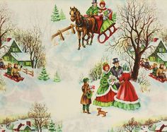 a christmas scene with people and horses in the snow