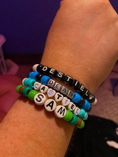 Custom personalized Supernatural bracelets, made to order, just for you! Any character, any ship, any quote, any anything Supernatural related! Your arm will look beautiful in our amazing custom patterned kandi bracelets <3 We offer all colors of the rainbow, plus a few extra shades, and various specialty beads. If you have something specific in mind, please message us beforehand to see if it's possible! Please refer to the last photo to see an example of our variety :D Check out our shop for Customized Themed Bracelets For Gifts, Customizable Novelty Wristband For Gift, Personalized Friendship Themed Name Bracelet, Customized Themed Bracelets As Gift, Customized Themed Jewelry For Friendship, Customized Themed Bracelets, Personalized Themed Bracelets With Round Beads, Themed Personalized Round Bead Bracelets, Customized Friendship Wristband For Novelty