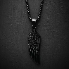 Black Wing Necklace - Our Black Wing Necklace features our Signature All Black Wing Pendant and a Black Box Chain. The Perfect statement piece for any wardrobe. Wings Jewelry, Mens Silver Jewelry, Wing Jewelry, Stainless Steel Chain Necklace, Black Wings, Wing Necklace, Black Jewelry, Todays Outfit, Black Box