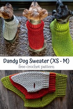 three small dogs wearing sweaters on top of a wooden floor with text overlay that says, dandy dog sweater xs - m free crochet pattern