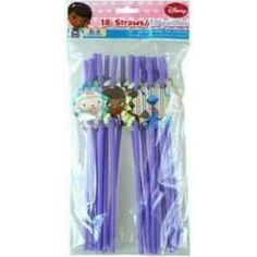 purple plastic straws with cartoon characters on them