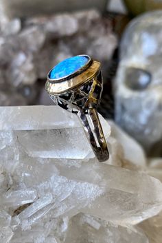 Beautiful Sterling Silver 14kt Gold Blue Opal Vintage Ring Ring size 9 1/4 Usa Jewelry, Handcrafted Necklace, Vintage Ring, Ring Ring, Blue Opal, 14kt Gold, Chinese Art, Vintage Rings, Turquoise Ring