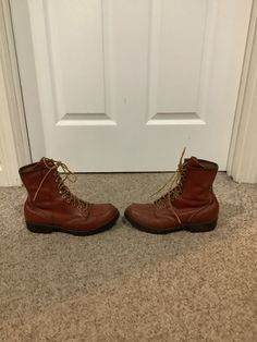 This vintage 1960s Tuffy 11 by RedWing Red Leather Hiking chore boots were originally worn by the Boy Scouts in 1965. The size inside the boot is a size 6 boys mens. The width was a E. Which would be like a normal width today. Pls only go by the measurements given to ensure a correct fit. I looked the boots up and was finally able to find the year on the boots . You can see the Red Wing logo on bottom of boots. Considering age good vintage cond. these will clean up quite nice. Vintage Plain Toe Boots For Fall, Vintage Brown Moto Boots With Plain Toe, Vintage Moto Boots With Steel Toe, Red Rugged Moc Toe Boots, Vintage Lace-up Moto Boots With Reinforced Toe, Vintage Lace-up Boots, Vintage Work Boots With Goodyear Welt Construction, Vintage Work Boots With Goodyear Welt And Moc Toe, Vintage Boots With Reinforced Toe For Fall