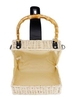 Turn lock closure bamboo handled ratttan straw box wicker basket bag 8" x 6" x 3.25" 100% wicker shell100% faux leather trim100% cotton lining Wipe clean with cloth Rectangular Straw Bag With Bamboo Handle For Vacation, Vacation Rectangular Straw Bag With Bamboo Handle, Summer Square Straw Bag With Detachable Handle, Chic Picnic Bag With Bamboo Handle, White Rectangular Straw Bag With Bamboo Handle, White Straw Bag With Bamboo Handle, Chic Straw Bag With Bamboo Handle For Picnic, Casual Rectangular Straw Bag With Bamboo Handle, Rectangular Straw Shoulder Bag With Bamboo Handle