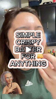 a woman eating a donut with the words simple crispy batter for anything on it