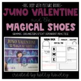 the book cover for juno valentine's magic shoes is shown in pink and black