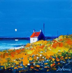 an oil painting of a house on the shore by the ocean with moon in the sky