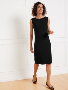 The perfect mix of work and play. Our flattering sheath dress is detailed with an elegant boatneck. A polished essential in easy-to-pack and easy-care, wrinkle-resistant fabric. Features Sheath Dress Sleeveless Hits At Knee Imported Fit: Misses: 40 1/2"; Petite: 38"; Plus: 41"; Plus Petite: 40 1/2" Material: Shell : 69% Triacetate, 31% Polyester; Lining : 100% Polyester Care: Machine Wash Cold, Gentle Cycle; Only Non-Chlorine Bleach When Needed; Tumble Dry Low; Cool Iron If Needed | Easy Travel Boatneck Dress Talbots Black Sheath Dress Outfit, Sheath Dress Outfit, Boatneck Dress, Sheath Dresses, Boat Neck Dress, Sleeveless Dresses, Classic Style Women, Black Sheath Dress, Easy Travel