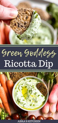 green goddess ricotta dip with carrots, celery and radishes