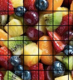 many different fruits are arranged in squares