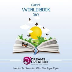 an open book with butterflies flying over it and the words dreams creation reading is dreaming with your eyes open