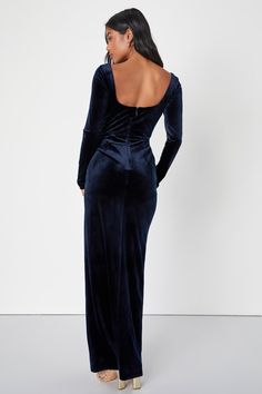 You'll always look like your most elegant self when you slip into the Lulus Forever Sensational Navy Blue Velvet Long Sleeve Maxi Dress! Stretchy, luxe velvet shapes this dreamy dress that features a princess-seamed bodice, a flirty sweetheart neckline, and long sleeves. The high, fitted waist tops a figure-skimming skirt with a tulip-style silhouette that gathers at the side and falls to a sweeping maxi hem. Hidden back zipper/clasp. Fit: This garment fits true to size. Length: Floor length. Size medium measures 59.5" from shoulder to hem. Bust: Great for any cup size. Waist: Fitted - very fitted at natural waist. Hip: Fitted - stretchy fabric allows room for hips. Undergarments: May be worn with a strapless bra, adhesive bra, petals, or no bra. Fabric: Fabric is very stretchy. Lined. She Velvet Floor-length Dress With Fitted Bodice, Velvet Dress With Fitted Bodice For Evening, Fitted Bodice Velvet Dress For Gala, Velvet Dress With Fitted Bodice For Gala, Formal Velvet Gown With Fitted Bodice, Velvet Gala Dress With Fitted Bodice, Elegant Blue Velvet Evening Dress, Glamorous Velvet Maxi Dress, Fitted Floor-length Velvet Dress For Gala