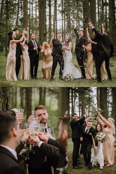 a group of people standing next to each other in the woods holding champagne flutes and throwing confetti