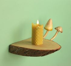 a candle is sitting on top of a piece of wood with two mushrooms in the background