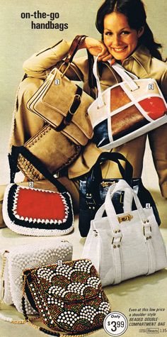 Sears' purses, 1973 1970s Purses, Vintage Hand Bags, Fashion 70s Style, Moda Disco, Louis Vuitton Handbags Sale, 70s Mode, Popular Purses, Fashion 1970s, Trendy Purses