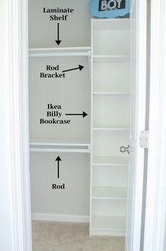 an empty closet with shelves labeled in black and white, including the door to another room