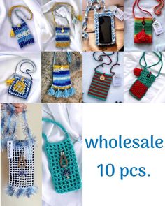 there are many crocheted purses and cell phones on the table with text that says wholesale sale 10 pcs