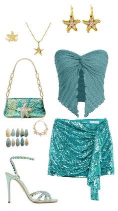 a woman's outfit and accessories including shoes, necklaces, bracelets and handbag