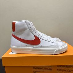 Nike Blazer Mid '77 Sneaker White/Mantra Orange/Sail/Cinnabar Dz4408-100 Brand New In Box Nike Blazer Orange, Orange Nike Blazers, Nike Volleyball Shoes, Nike Air Max 2016, Nike Air Max 2090, Nike Free Flyknit, Nike Air Vapormax Flyknit, Nike Zoom Pegasus, Nike Blazer Mid 77