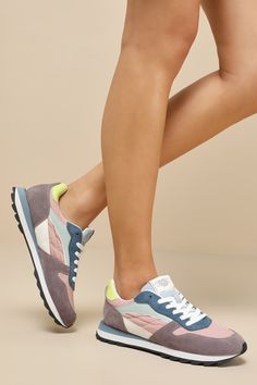 The Drya Blush Multi Color Block Suede Lace-Up Sneakers are ready for everyday adventures and endless compliments! Look adorably athleisure with these colorful sneakers that have a sleek nylon and soft faux suede construction that shapes an almond toe upper, a classic lace-up vamp, and a low-cut collar. Care instructions (in black font) accent the tongue, while a trendy bumper sole completes the too-cool design! Available in Euro sizes only. 1" rubber sole. Cushioned insole. Rubber sole has nons Shoe Styling, Keds Style, Colorful Sneakers, Everyday Adventures, Suede Lace, Drip Dry, Blush Color, Shoe Style, Keds