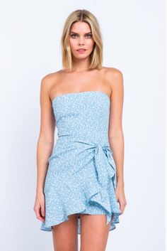 Cute Blue Floral Print Dress - Strapless Mini Dress | Bohopinl Flirty Off-shoulder Strapless Dress For Brunch, Fitted Tube Top For Brunch, Strapless Sundress Mini Dress For Day Out, One-shoulder Tube Top For Date Night Summer, Flirty Bandeau Strapless Dress For Date Night, Flirty Strapless Tube Top For Day Out, Spring Strapless Tube Top For Brunch, Strapless Ruffles Dress With Sweetheart Neckline For Brunch, Strapless Tube Top For Spring Brunch