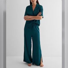 Express Satin Pajama Set Size Sx Elegant Lounging Sets With Long Pants, Elegant Green Sleepwear For Night, Elegant Green Night Sleepwear, Elegant Green Sleepwear, Chic Short Sleeve Sleepwear For Loungewear, Elegant Short Sleeve Loungewear Sets, Satin Pajama Set, Satin Set, Satin Pajama