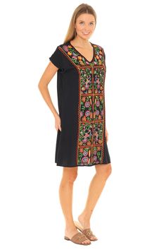 Be ready for warm weather with this chic dress that features a floral pattern and breezy short-sleeve design. Size S: 35'' long from high point of shoulder to hem 100% rayon Machine wash Spring V-neck Rayon Dress With Short Sleeves, Bohemian Multicolor V-neck Dress With Short Sleeves, Summer Rayon V-neck Dress With Short Sleeves, Embroidered Short Sleeve Dresses For Summer, Short Sleeve Rayon V-neck Dress For Summer, Black V-neck Short Sleeve Summer Dress, Black V-neck Short Sleeve Dress For Summer, Summer Floral Printed Knee-length Embroidered Dress, Multicolor V-neck Embroidered Dress With Floral Details