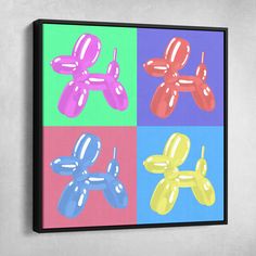 an art piece with four different colored balloons in the shape of a dog on it