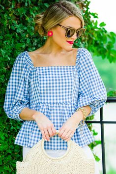 Mandy Gingham Peplum :: SALE :: The Blue Door Boutique Summer Brunch Puff Sleeve Top With Smocked Back, Spring Chic Gingham Smocked Top, Chic Gingham Top With Smocked Bodice, Summer Cotton Puff Sleeve Top With Smocked Bodice, Summer Puff Sleeve Top With Smocked Back, Cotton Smocked Top With Gathered Sleeves And Square Neck, Summer Square Neck Puff Sleeve Top With Gathered Sleeves, Summer Balloon Sleeve Top With Smocked Back, Spring Gingham Smocked Top With Smocked Bodice