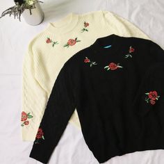 Rose Embroidered Pullover Sweater – Tomscloth Fitted Embroidered Crew Neck Sweater, Fitted Crew Neck Sweater With Floral Embroidery, Fitted Cotton Sweater With Floral Embroidery, Fitted Floral Embroidery Tops For Winter, Trendy Embroidered Winter Tops, Fitted Long Sleeve Sweater With Floral Embroidery, Fitted Winter Sweater With Floral Embroidery, Winter Long Sleeve Tops With Floral Embroidery, Cotton Sweater With Floral Embroidery