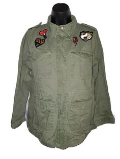 B Sweet Green Khaki Junior's jacket w/patches,Sz L NEW. Shipped with USPS Priority Mail. New, never worn but has been washed, needs ironing Front has 4 flap pockets and 4 decorative patches Zip and snap closure, inner draw string with toggles 100% cotton from a smoke free home I only ship to the USA I offer combined shipping Green And Khaki, Flap Pocket, Canada Goose Jackets, Priority Mail, Snap Closure, Vest Jacket, Military Jacket, Bomber Jacket, Winter Jackets