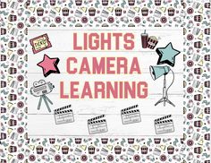 the words lights camera learning on a white background with colorful stars and cupcakes