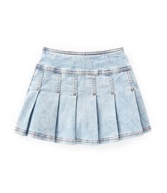 Jean Skirt With Ruffles, Cute Fitted Denim Skirt, Trendy Skirted Bottoms For School, Cute Denim Bottoms For School, Cotton Lined Denim Skirt, Spring School Skort With Elastic Waistband, Casual Skirt With Elastic Waistband For School, Trendy Medium Wash Bottoms For School, School Skirt For Spring