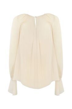 100% Silk Top: 100% Viscose Elegant V-neck Blouse With Sheer Sleeves, Luxury Cream Tops For Work, Luxury Cream Top For Workwear, Luxury Cream Top For Work, Elegant V-neck Top With Sheer Sleeves, Luxury Blouse With Sheer Sleeves For Workwear, Luxury Blouse With Blouson Sleeves For Spring, Evening Long Sleeve Silk Crepe Top, Elegant Spring Blouse With Structured Shoulders