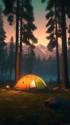 a tent pitched up in the middle of a forest at night with mountains in the background