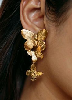 Gold Butterfly Charm Earrings For Party, Gold Earrings With Butterfly Charm For Party, Luxury Gold Butterfly Earrings, Party Earrings With Gold Butterfly Charm, Gold Earrings With Butterfly Charm For Formal Events, Gold Earrings With Butterfly Charm For Formal Occasion, Gold Butterfly Earrings For Party, Gold Butterfly Earrings For Wedding, Big Earrings Statement