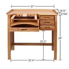 a wooden desk with two drawers and one drawer on the top, measurements for each drawer