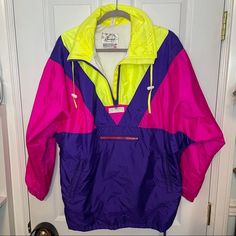 Vintage Jones 80s Neon Yellow Pink & Purple Jacket 10 Size 10 Jones Vancouver, Canada Tags: casual, neon, everyday, spring, fall, winter Vintage Jones 80s/90s Neon Yellow Pink & Purple Jacket 10 Retro Long Sleeve Windbreaker For Spring, Retro Hooded Windbreaker For Fall, Sporty Multicolor Windbreaker For Spring, Sporty Multicolor Outerwear For Spring, 90s Style Hooded Spring Outerwear, Retro Windbreaker With Pockets For Spring, 90s Style Long Sleeve Spring Outerwear, 90s Style Windbreaker With Pockets For Spring, Retro Spring Windbreaker For Outdoor