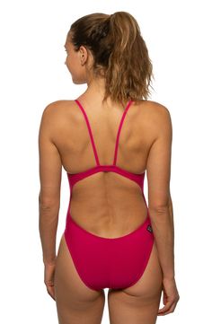 Dragon Fruit Solid Backless One-piece Swimsuit, Seamless T-back Tankini For Swimming, Seamless T-back Bodysuit For Swimming, Solid Color T-back Tankini For Swimming, Low Back Swimwear For Poolside, Beachwear Swimwear With Scoop Back And Lined Body, Seamless Low Back Swimwear, Seamless Nylon Swimwear For Water Sports, Stretch Backless Swimwear For Swimming