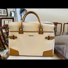 New With Tag Color: Beige B-111 Luxury White Shoulder Bag With Adjustable Strap, White Designer Bags With Top Carry Handle, White Designer Bag With Top Carry Handle, Luxury Beige Briefcase With Leather Handles, White Rectangular Travel Satchel, Luxury White Shoulder Bag For Travel, White Tote Satchel For Travel, Luxury White Bag For Everyday Use, Luxury White Bag With Top Carry Handle